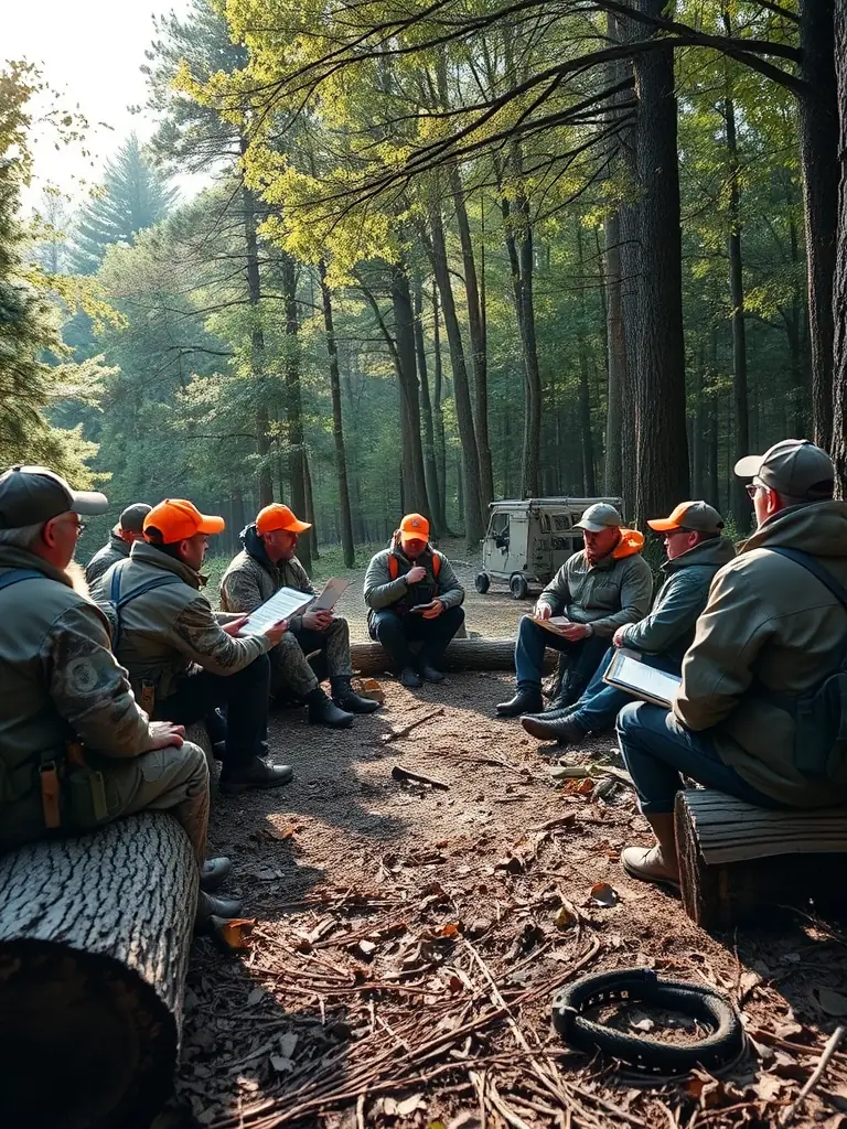 An image showing a group of hunters attending a workshop on responsible hunting practices, emphasizing ethical hunting techniques and wildlife management strategies.