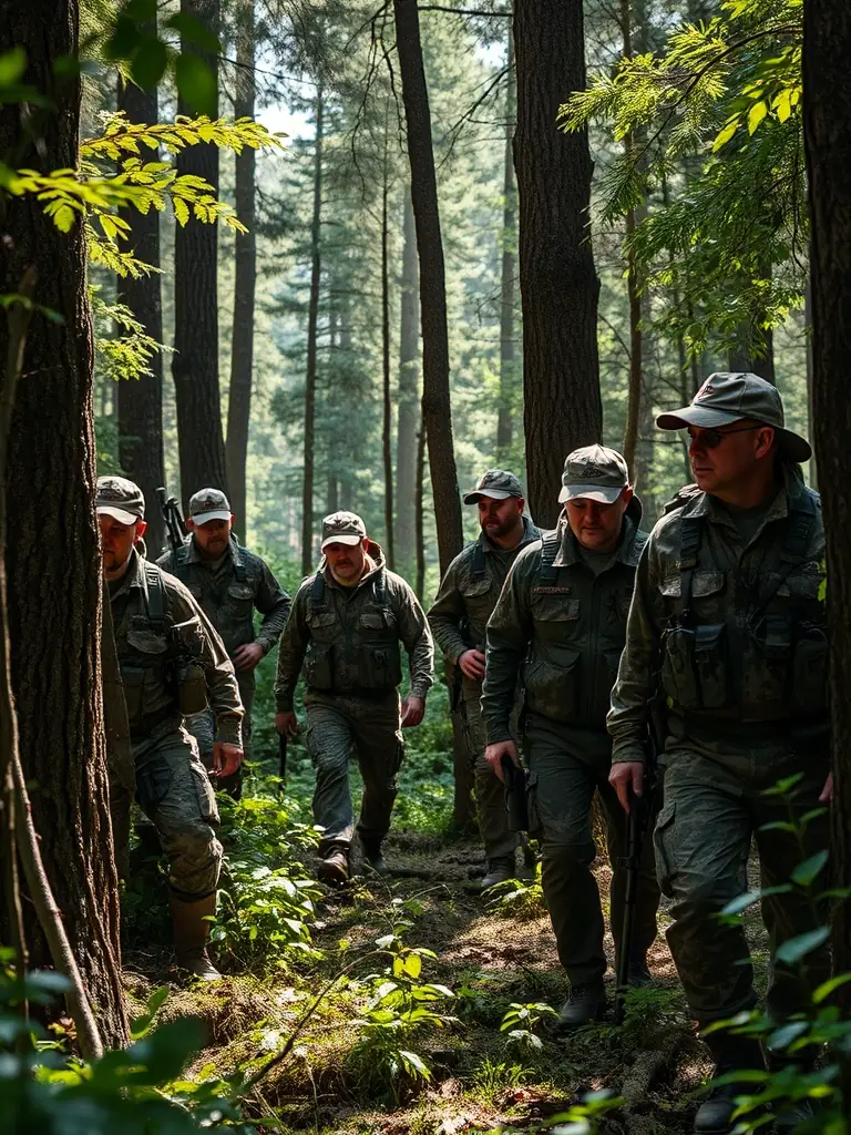 A photograph showcasing UNION AMICALE DES CHASSEURS DE LA REGION PLOUHATINE members participating in an anti-poaching patrol, equipped with appropriate gear and accompanied by a trained dog.