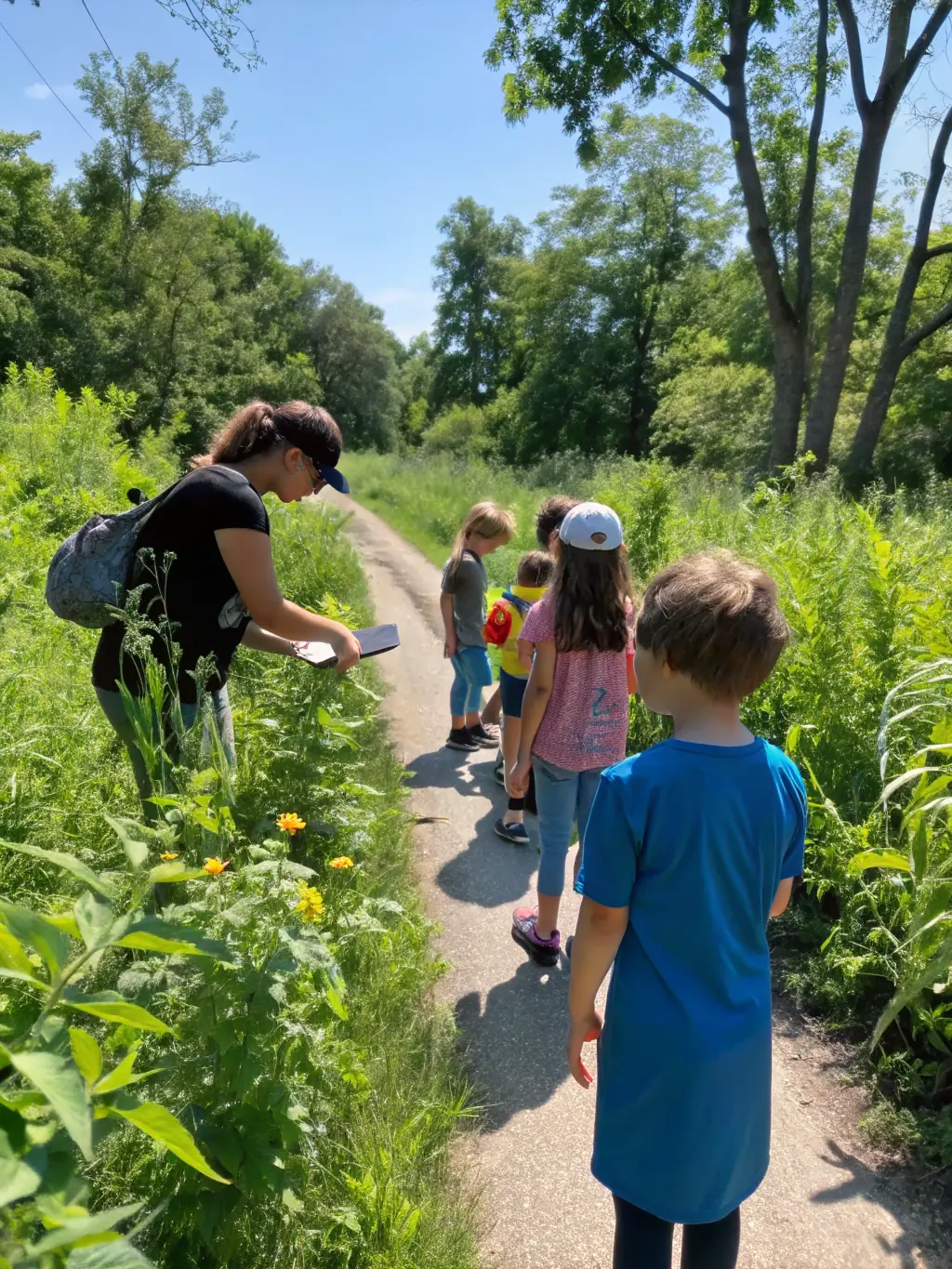 A photograph of children participating in an environmental education program, learning about local flora and fauna, and engaging in hands-on conservation activities.