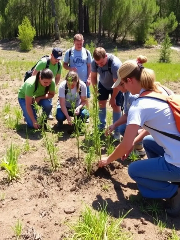 A photograph depicting volunteers participating in a habitat restoration project, planting native trees and shrubs in a deforested area, showcasing the organization's commitment to ecological restoration.