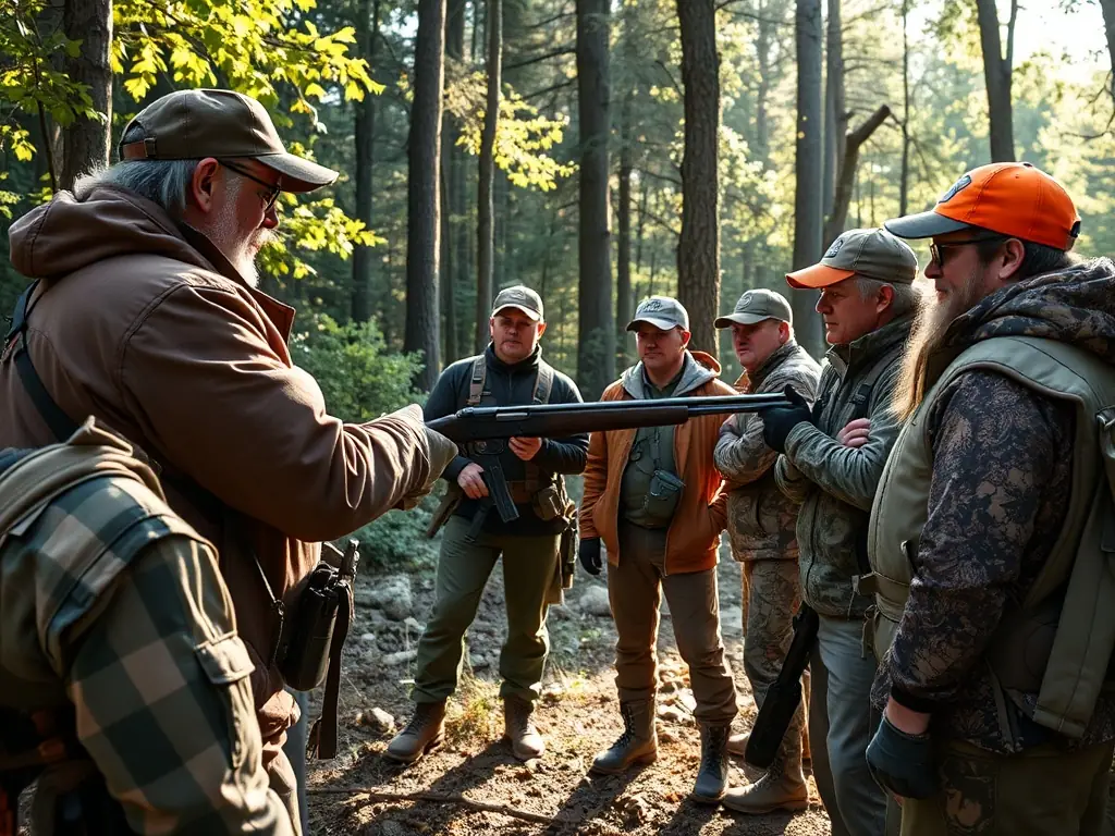 A certified instructor leading a hunting education workshop, teaching participants about ethical hunting practices, wildlife management, and safety protocols.