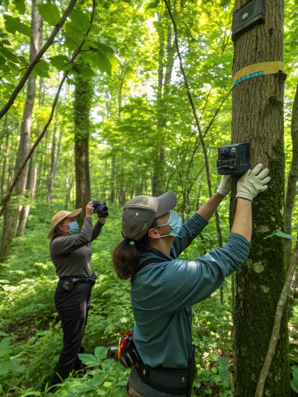 A photograph depicting volunteers from UNION AMICALE DES CHASSEURS DE LA REGION PLOUHATINE participating in a habitat restoration project, planting native trees along a riverbank.
