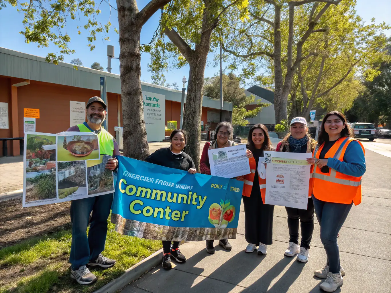 A diverse group of community members participating in an environmental awareness campaign, distributing educational materials and engaging in discussions about local conservation issues.