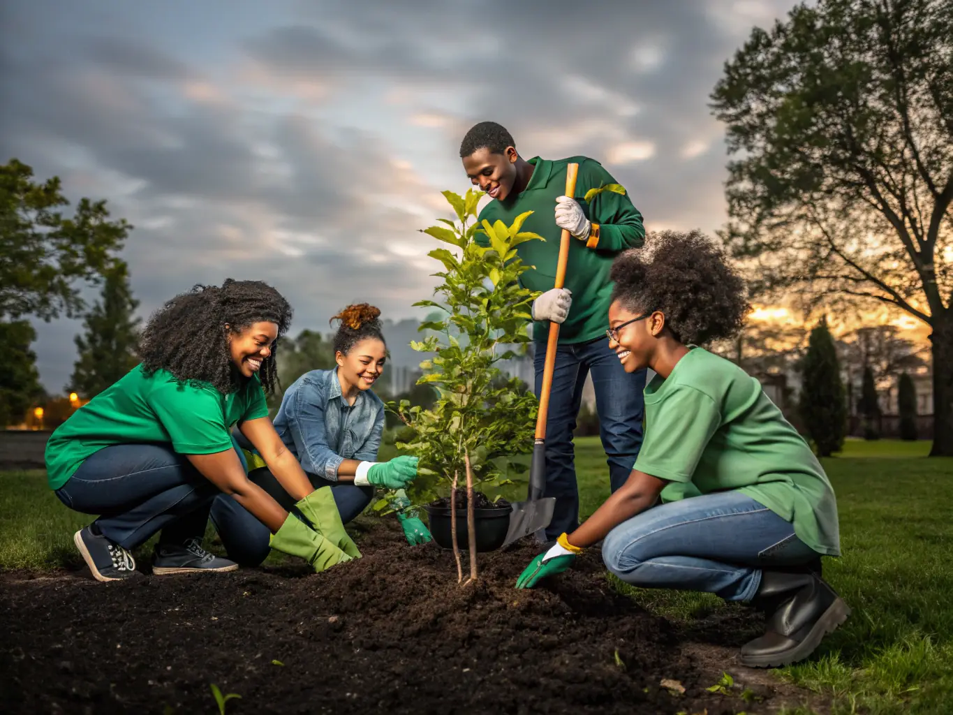 A group of volunteers participating in a habitat restoration project, planting native trees and shrubs in a deforested area. The image conveys a sense of community involvement and environmental stewardship.